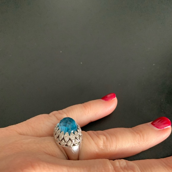 🌸HOST PICK🌸 14K white gold ring with 45 small Diamonds and blue topaz stone. - Picture 2 of 13